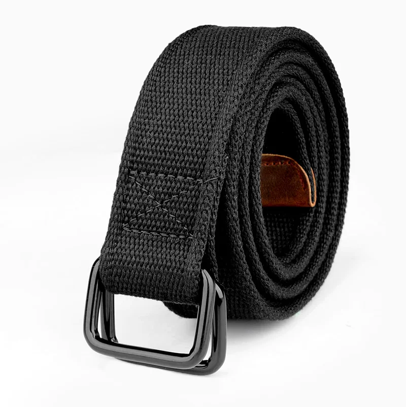 Drizzte Plus Size 100-190cm Big&Tall Mens Double Ring Buckle Cotton Canvas Cloth Fabric Belts Web Black Waist Jeans men's belts for jeans