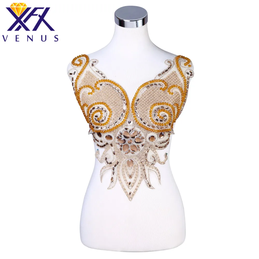 

XFX VENUS Handmade Sparkly Dress Patch Body Rhinestone Applique Patches Beads Appliques Embroidery for DIY Gown Dress