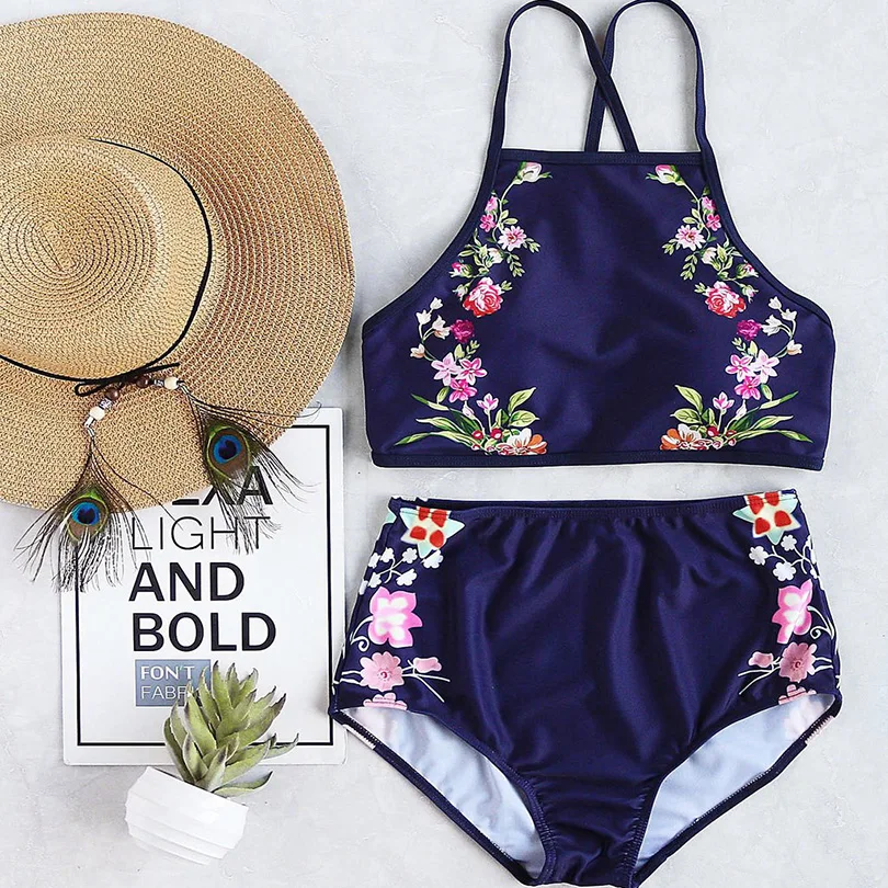 Buy Floral High Waist Bikinis Set 2017 High Neck