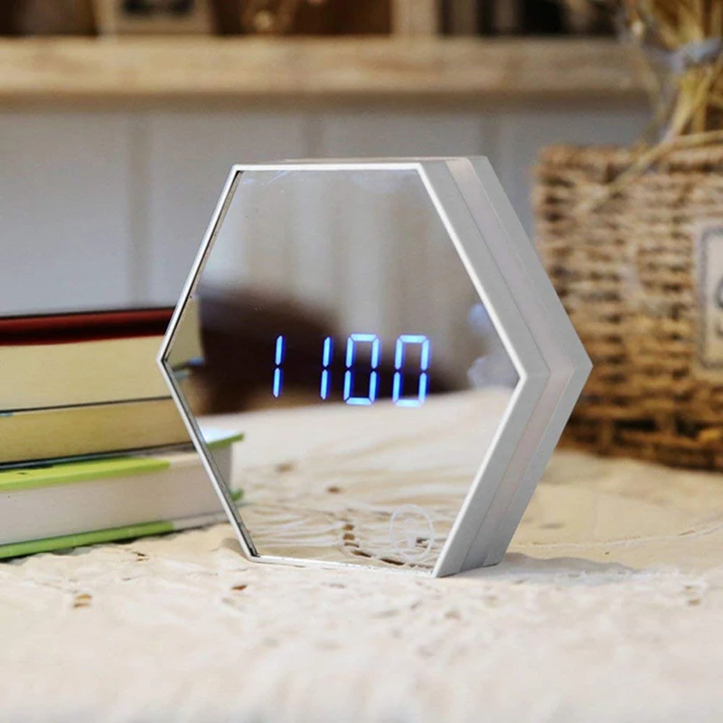 

Hexagon Mirror Alarm Clock Electronic Digital LED Wall Clock With Luminous Temperature Snooze Function USB Charging Travel Clock