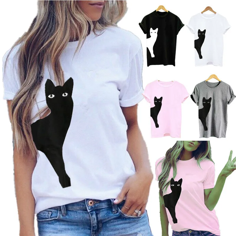 Cat Kitty Tshirt Casual Fashion For Women Unisex Top Crewneck Short