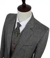 Retro gentleman style Grey Classic Tweed tailor wedding suits for men custom made Wool Slim Fit blazer mens 3 piece suit