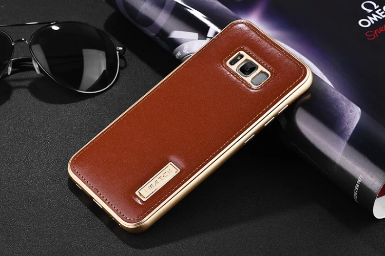 iMatch чехол для samsung Galaxy S8 S8 Plus Роскошный чехол из натуральной кожи для телефона s сумки Алюминиевый металлический бампер задняя крышка чехол - Цвет: gold bumper brown