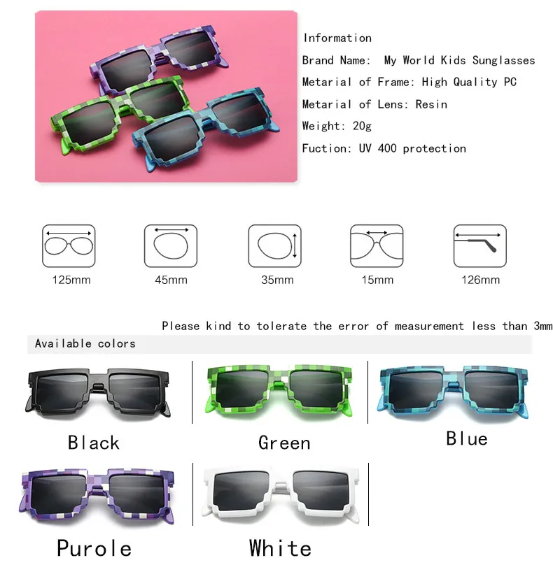 Long Keeper Kids Sunglasses Mosaics Minecraft 4-13 Years Square Children Sun Glasses Boys Girls Pixel Eyewares Christmas Gift 17