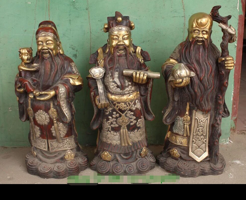 

wan67104005+++China Silver Bronze Fu Lu Shou 3 Immortal God Dragon Ruyi Peach Statue Set