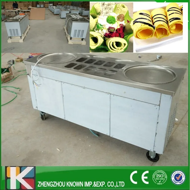 110v 220v stainless steel fried ice cream machine with 2 pans 10 toppings R410 Refrigerant