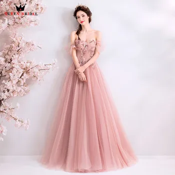 

Elegant Pink Evening Dresses A-line Floor Length Tulle Lace Beading Sequins Prom Party Dress Evening Gown 2020 New Fashion JK668
