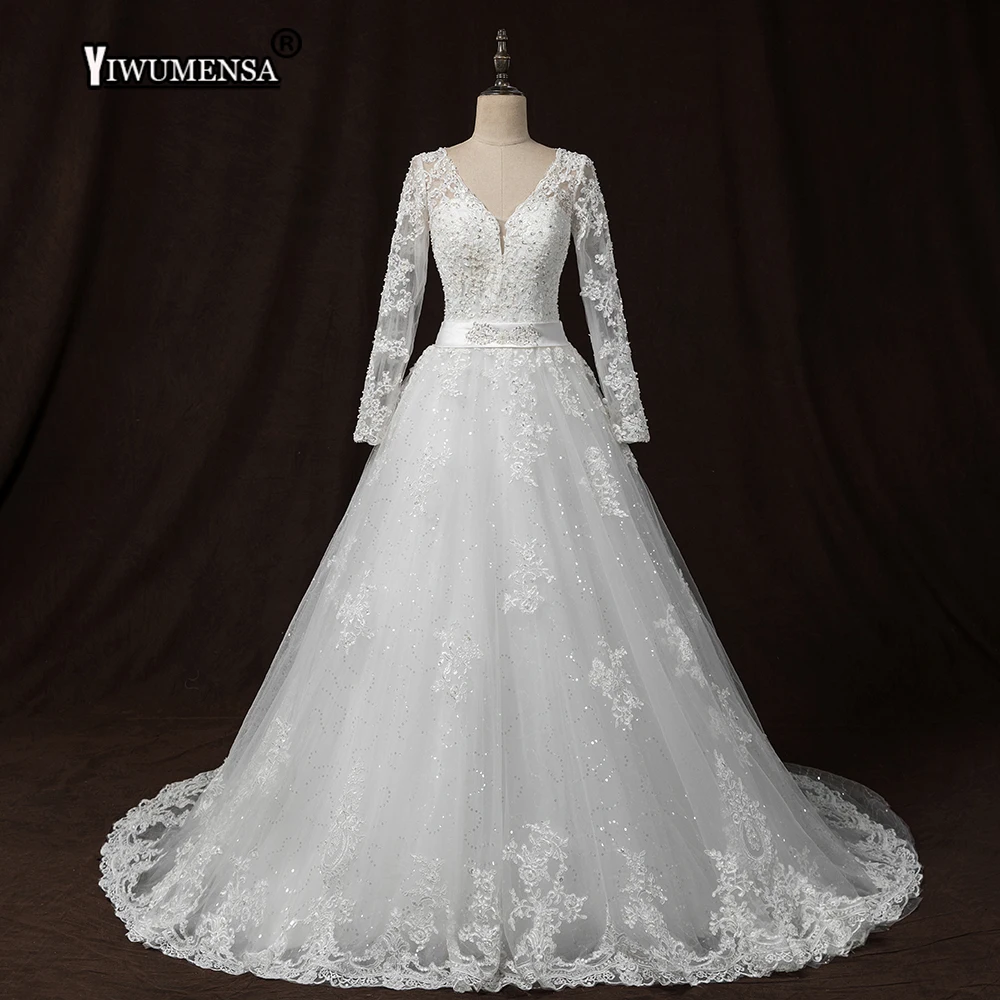 YiWuMenSa Кружева Линия торжественное платье 2018 Vestido de noiva одежда с длинным рукавом торжественное платье es Sheer Тюль Вернуться Robe de mariage Gelinlik