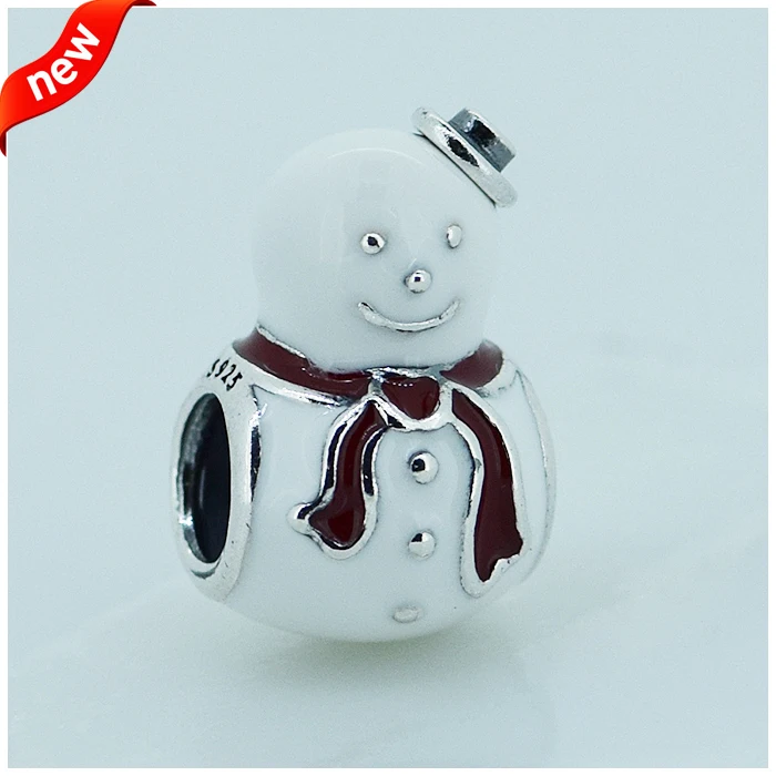 Подходит Пандора шармы браслеты счастливый снеговик бусины с белой и красной эмалью 925 стерлингового серебра ювелирные изделия