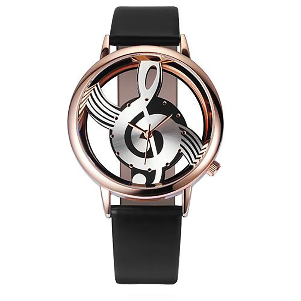 

Unique Woman Watch Quartz Analog Hollow Musical Note Style Leather Dress WristWatch Ladies Casual Clock Female Relogio Feminino