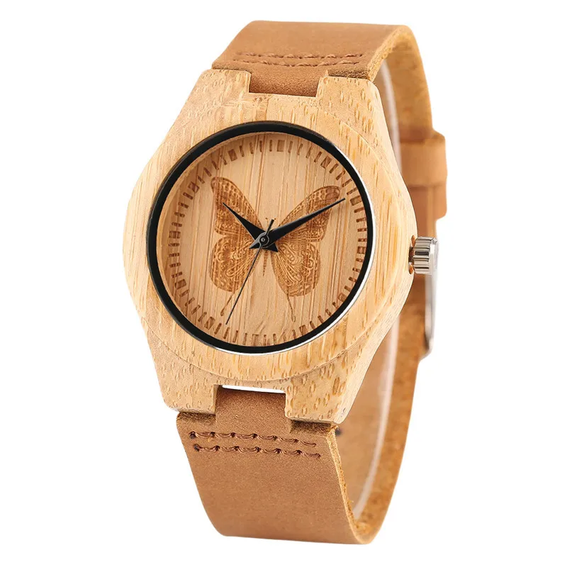 

Beautiful Butterfly Decoration Dial Wood Watches for Ladies Girl Handmade Bamboo Women Wrist Watch Leather Band Female Clock