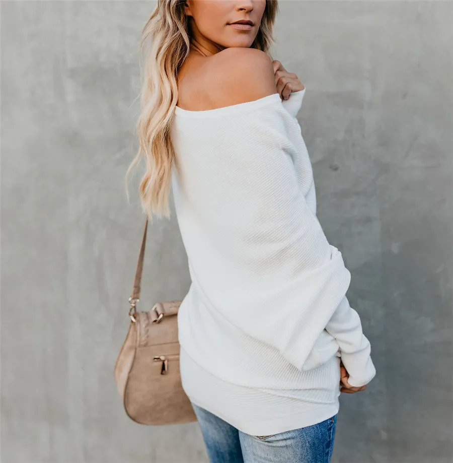 Gladiolus Slash Neck Sexy Autumn Winter Sweater Women 2018  Long Sleeve Loose Casual Long Knitted Pullover Women Sweater Jumpers (26)
