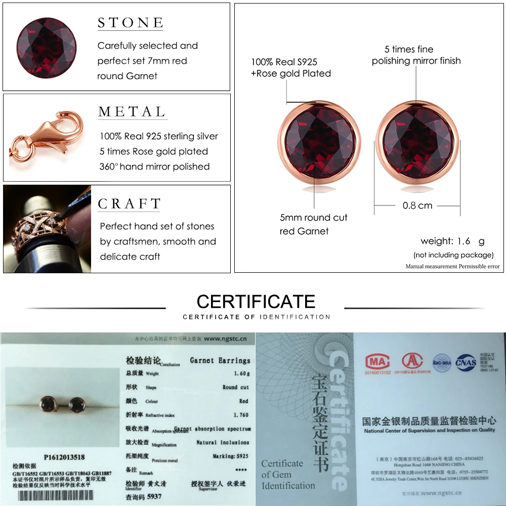 Ламон классический 5 мм 1ct круглый натуральный красный гранат 925 пробы серебряные ювелирные изделия серьги гвоздики S925 LMEI016