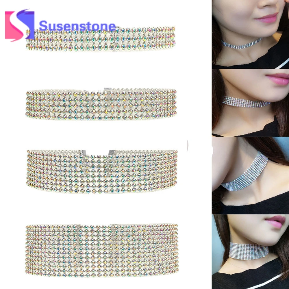 4pcs Colorful Multilayer Stretch Rhinestone Crystal Choker Necklaces