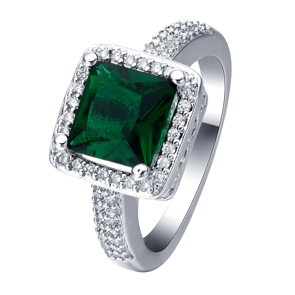 

Big Size silver plated Ring with Green Micro Paved CZ High Polished White gold-color Ring for Women Luxury Engagement Jewelry