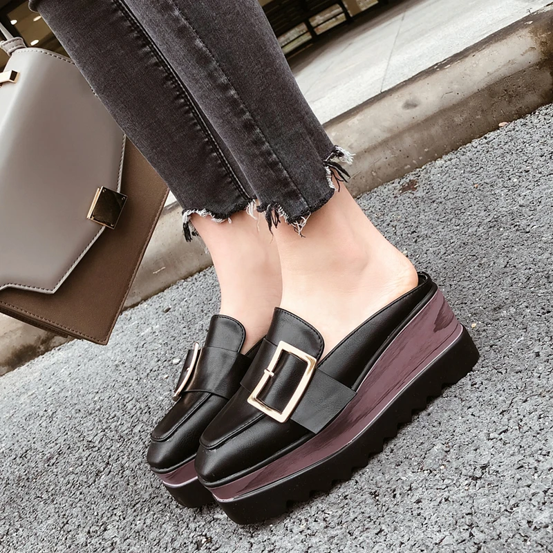

Woman Platform Wedges Mules buckle Heels Slides Closed toe Shoes leather Sandals Summer Slipper 2019 zapatos mujer black apricot