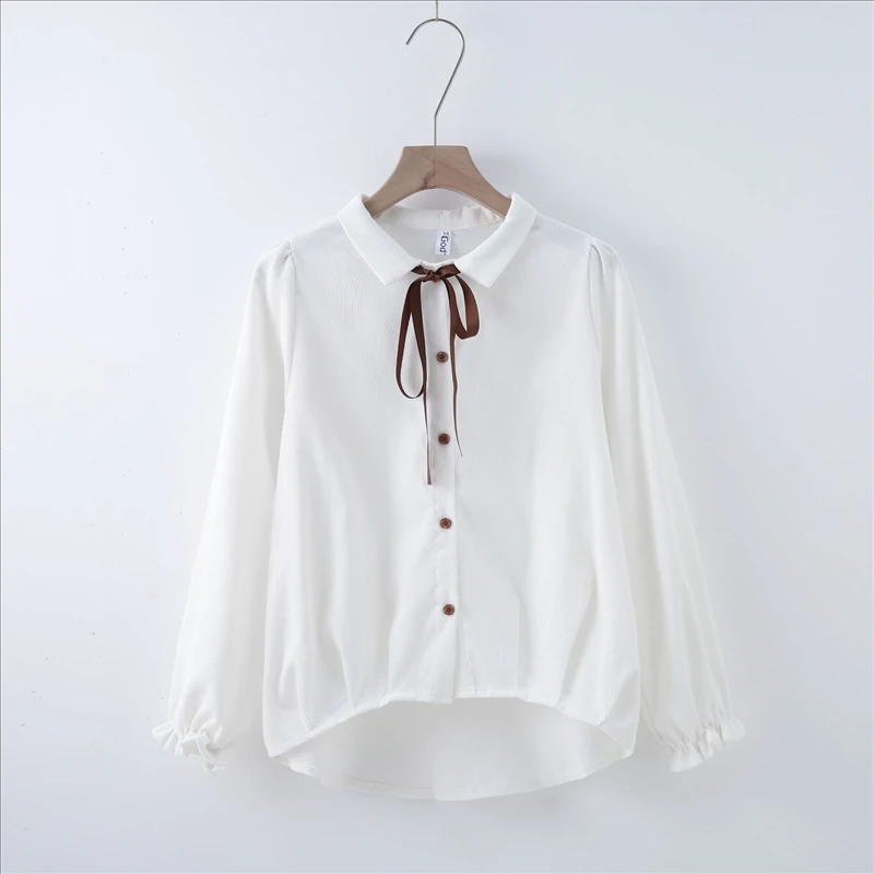 Autumn Long Sleeve Women Shirt Preppy Style Bow Woman Shirt Corduroy Plus Thick Solid Color Women Blouses Turn-Down Collar Top (1)