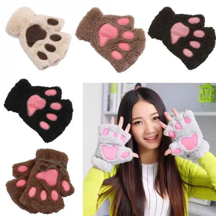 1 пара милых женских зимних перчаток милые кошачьи ЛАПЫ короткие перчатки без пальцев плюшевые теплые рукавицы перчатки для дам девочек VL
