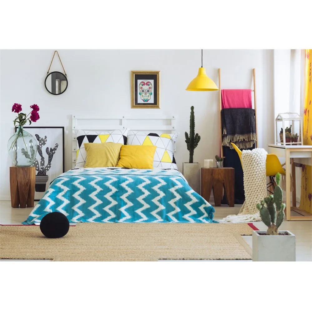 

Laeacco Bedroom Interior Bed Light Carpet Scene Photography Background Customized Photographic Backdrops For Photo Studio