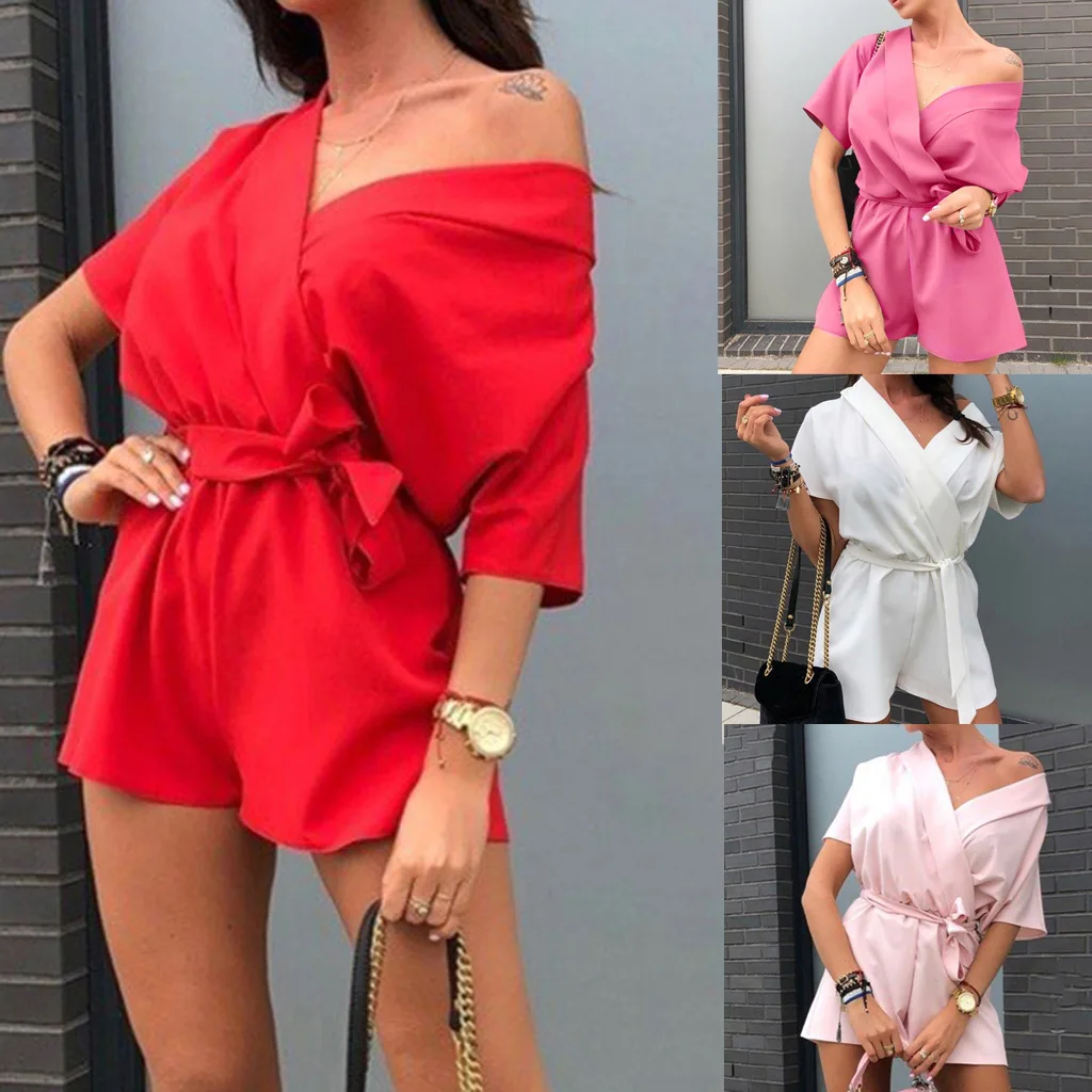 

Fashion Women's Short-Sleeve Simple Jumpsuit V-Neck New Elegant Bow Playsuits Summer Casual Combination Solid Rompers Ball Gown