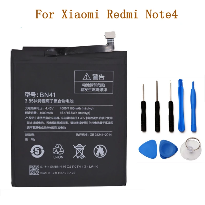 

4000 mAh BN41 Battery for Xiaomi Redmi Note 4 MTK Helio X20 Redmi Note 4X Pro Mobile Phone Replacement Batteries with Tools