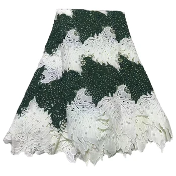 

HFX White/Green Leaves Polyester High Quality Cord Lace Fabric African Parties Guipure Lace Nigeria Lace with Beads X1192-1