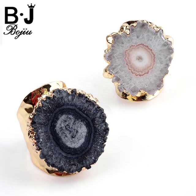 Bojiu Natural Druzy Stone Ring Electroplated Candy Gold-color Adjustable Size Ne Bojiu Natural Druzy Stone Ring Electroplated Candy Gold-color Adjustable Size Ne
