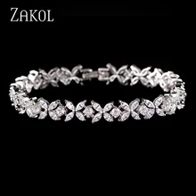 ZAKOL Nuevo Diseño Plateado Plata de La Flor del Acoplamiento de Cadena Pulseras Brazalete Con Joyería Marquise Cubic Zircon Rhinestone Clásico FSBP094