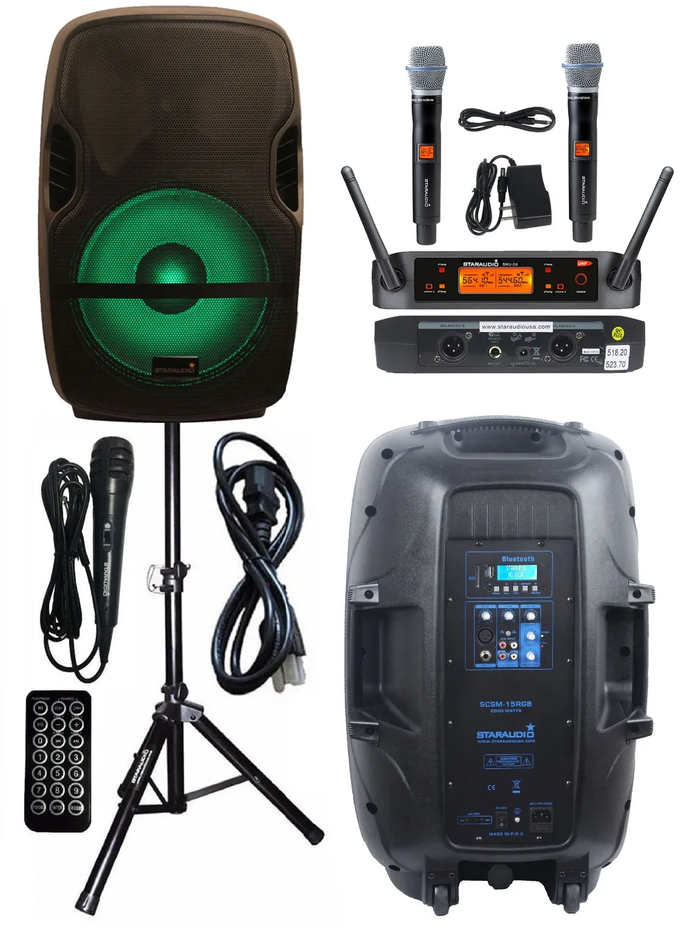 

STARAUDIO 2000W 15'' PA DJ Stage Powered Active Audio BT Speaker LED Light Speaker Stand 2CH UHF Handheld Microphone SCSM-15RGB