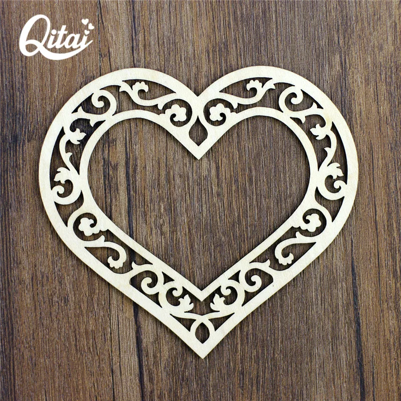 

QITAI 12pcs/pack Heart Multi-pieces Wooden Decoration DIY scrapbooking Ornament Vintage Natural Wood Color Europe Style WF288