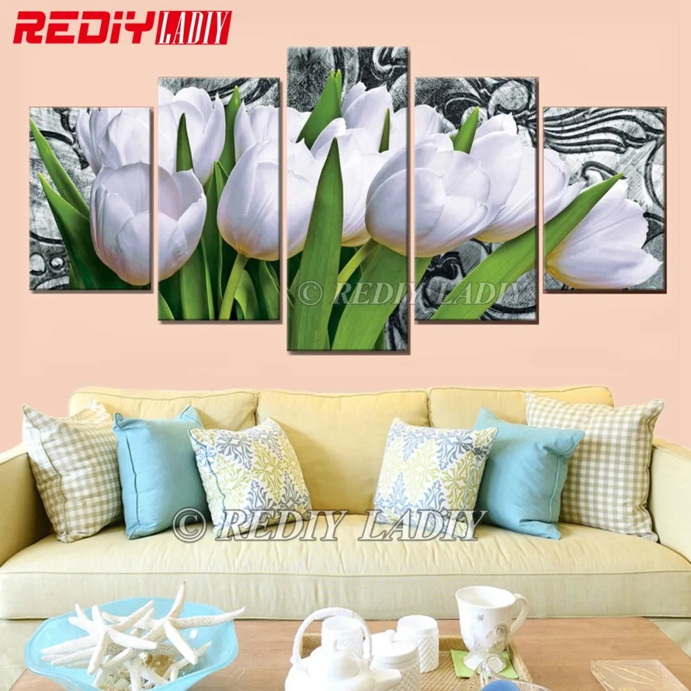 

REDIY LADIY Diamond Mosaic Triptych Crystal Square Diamond Embroidery 5 Panels Modular Picture Diamond Painting Flowers Bouquet
