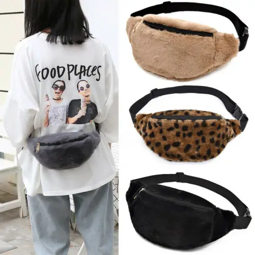 Женская поясная сумка на груди, сумка на молнии, сумка для путешествий, пляжная сумка на бедрах, пушистая плюшевая Милая Дамская леопардовая Портативная сумка