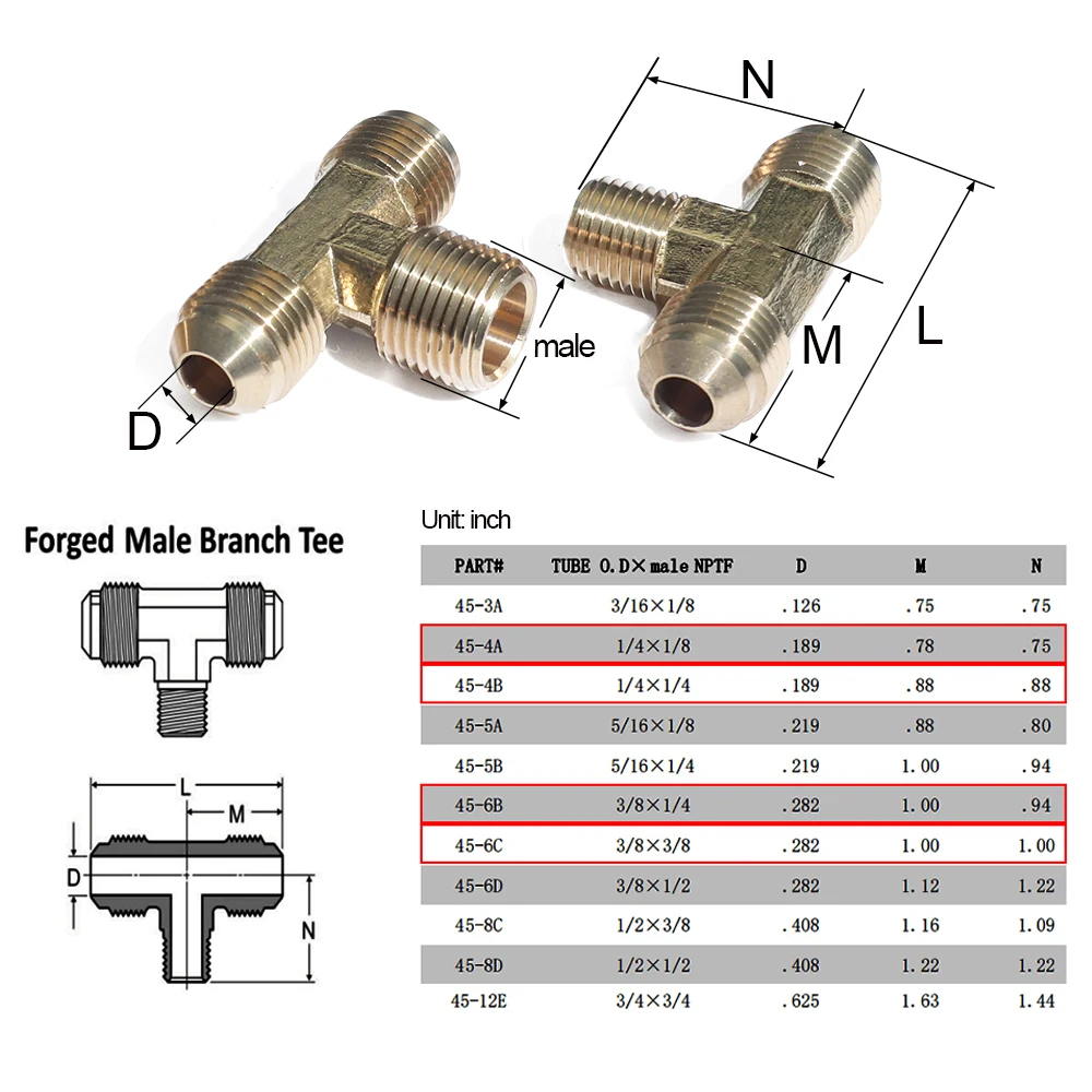 2 шт. 1/" 3/16" 1/" 5/16" 3/" латунный кованый трубчатый шланг фитинг SAE 45 градусов Вспышка Мужская ветка тройник Юнион Тройник