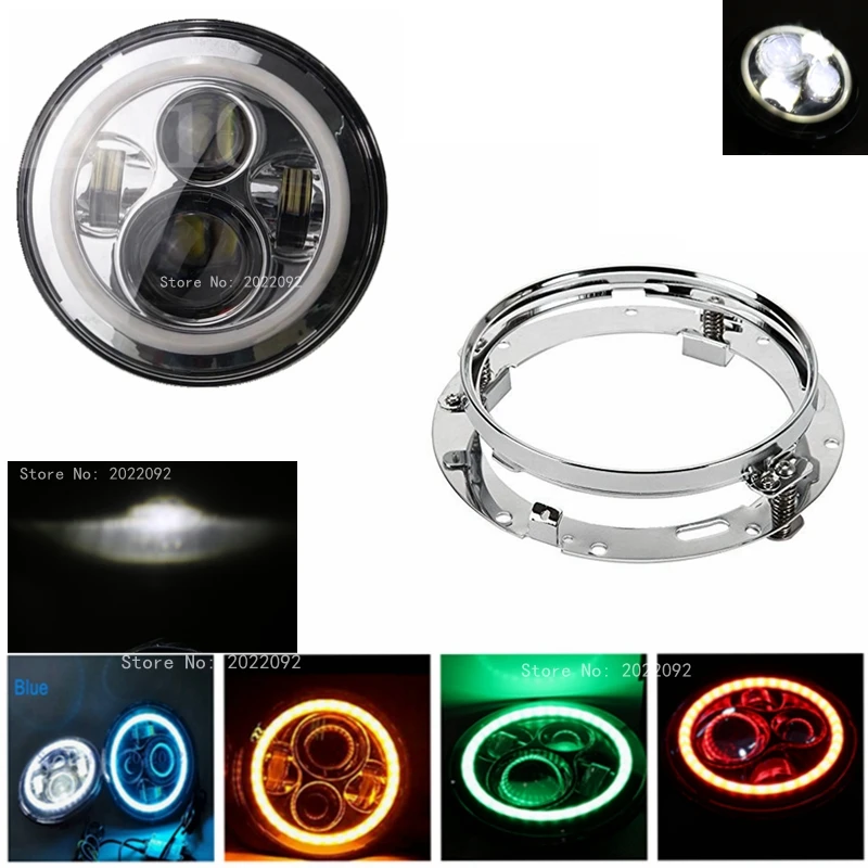 

Chrome 7 Inch Round LED Headlight with DRL Halo ring angle eye + 7" round led headlight bracket ring for motorcycle