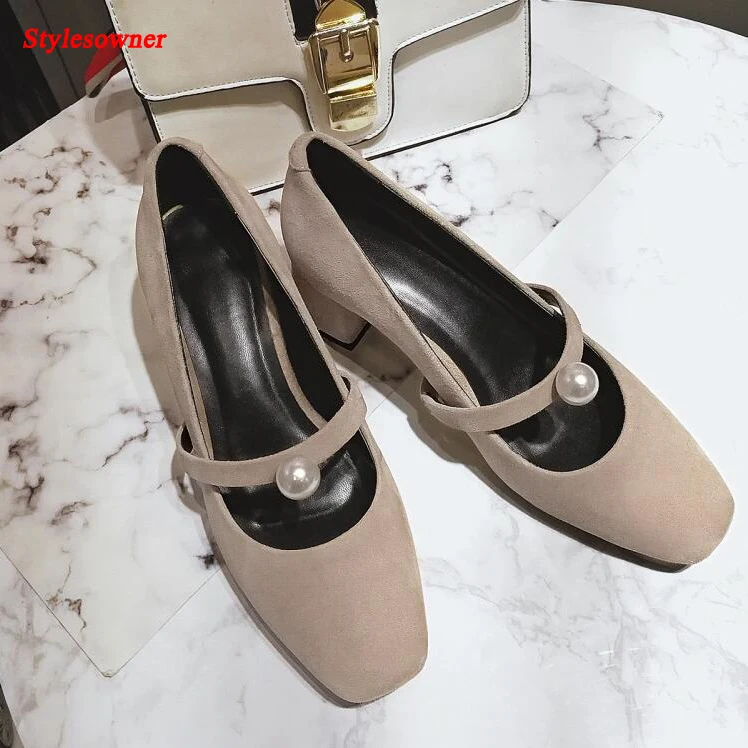 

Stylesowner Sweet Style Girls Mary Jane Shoes Pearl Buckle Squared Toe Thick Heel Pumps 2017 Spring New Shoes Women Heels