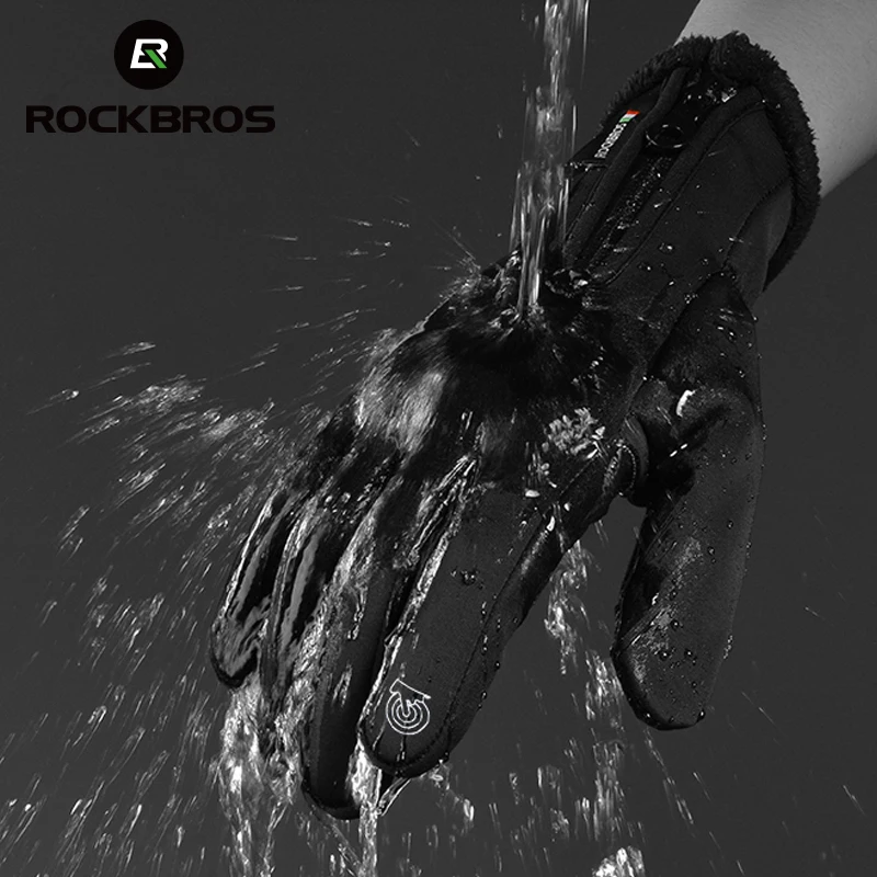 ROCKBROS Winter Cycling Bicycle Long Gloves Thermal Windproof Warm Fleece Gloves Men Anti-slip Water Resistant Sport Bike Gloves