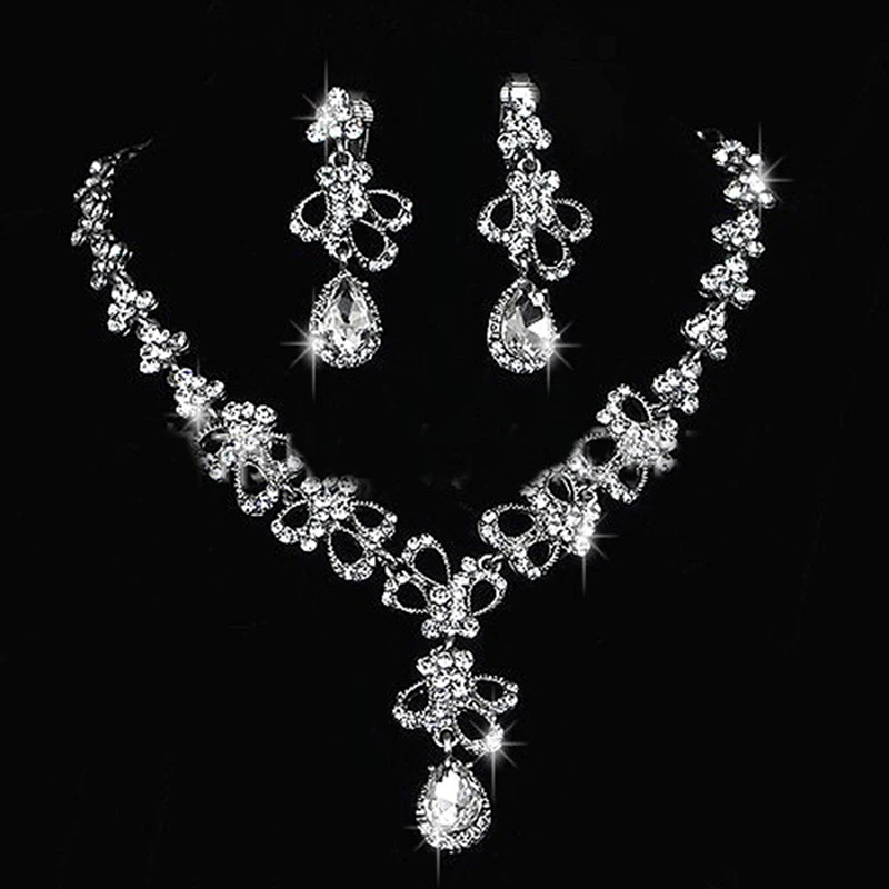 Crystal Water Drop Necklaces & Pendants Dangle Earrings Sets Simple Luxury Chain Wedding Bridal Jewelry Sets 3 Styles For Girl