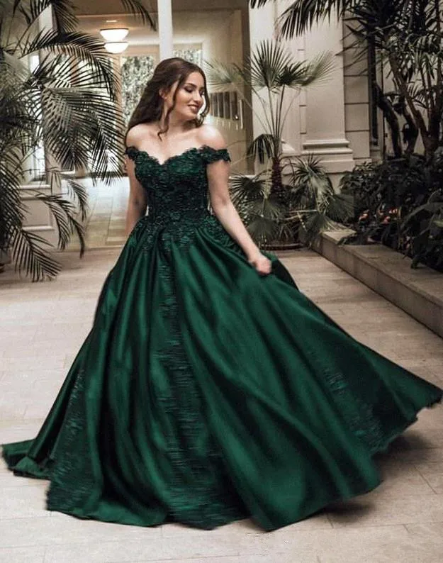 

Plus Size Sexy 2019 New Dark Green Ball Gown Quinceanera Dresses Beadings Crystals Off Shoulder Prom Dresses Vestidos 15 ano