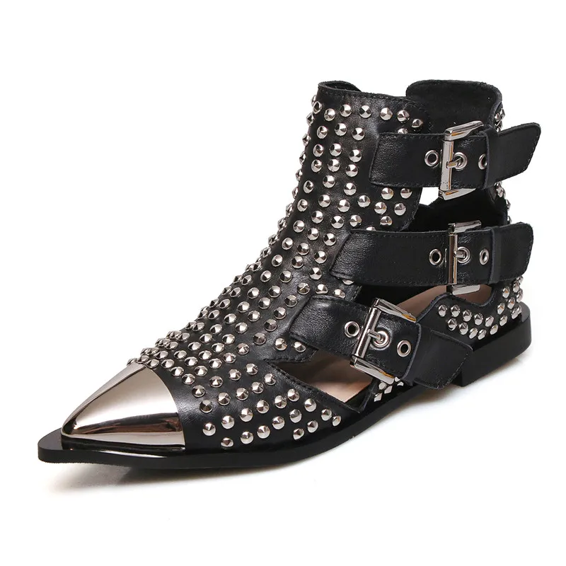 

Spring/ Summer 2019 Tip Rivet Hollow-out Button Low-heel Fashion Iron Head Sandals Inside and Outside Full-leather Leisure Shoes