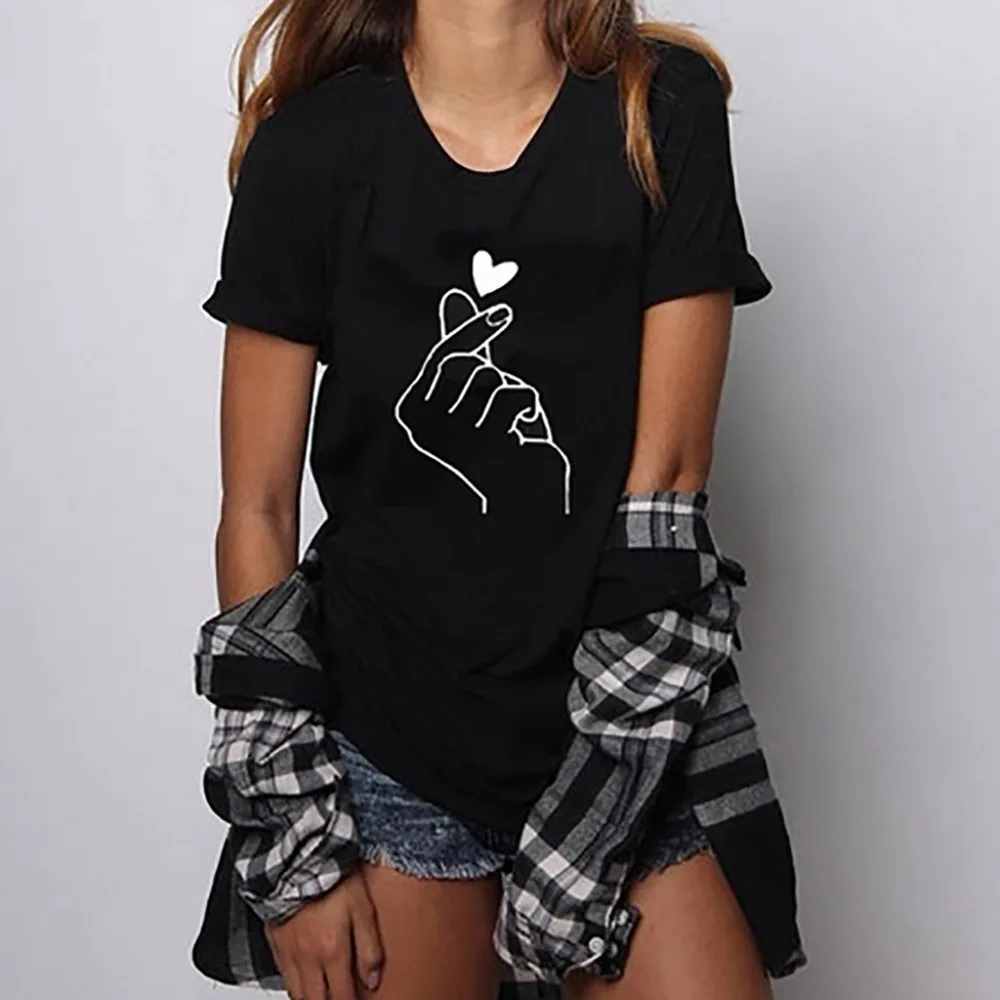 Vogue Women Summer Finger Heart Cotton T Shirt  Women's Basic T-shirts O-Neck Tops Harajuku Streetwear Shirts Korean Clothes cg