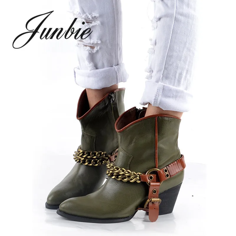 

JUNBIE New Genuine Leather Pointed Cowboy Women Boots Metal Chain Punk Thick Heel Winter Boots Shoes Women
