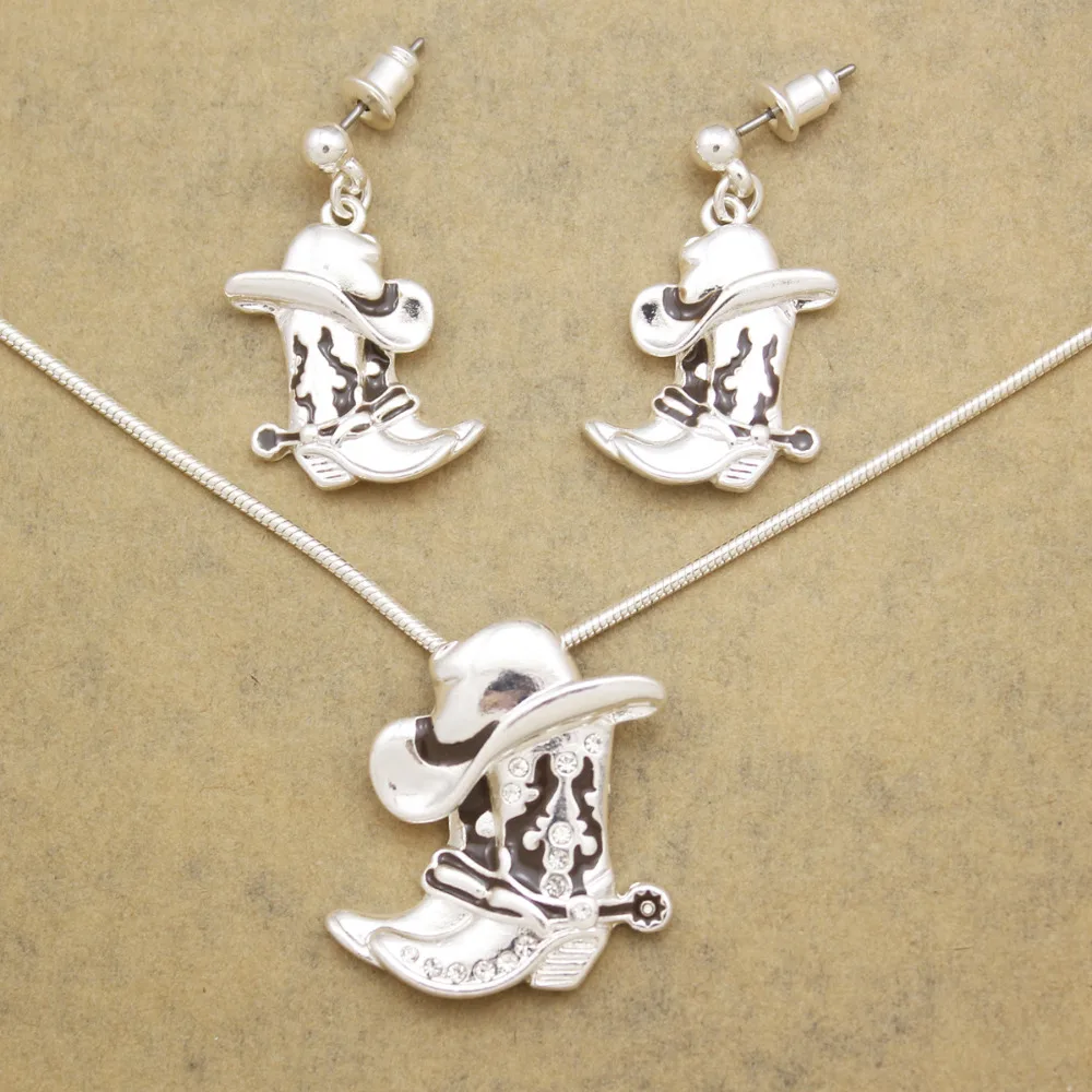 

Lady Western Texas Cowgirl Hat Stetson Boot Pendant Spur Rodeo Snake Link Chain Drop Dangle Earrings Necklace Set Jewelry