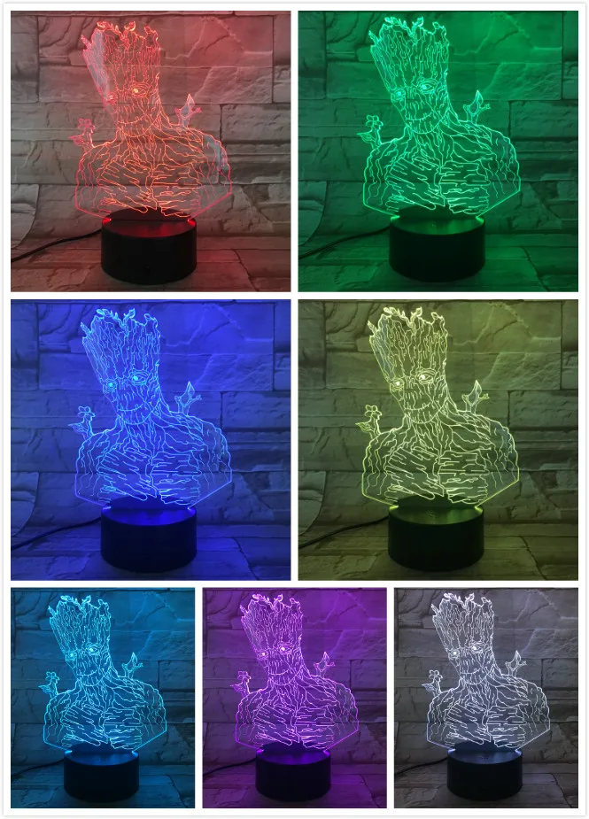  Usb 3d Led Night Light Marvel The Avengers Super Heroe Tree Man Groot Figure 3d Illusion Multicolor - 32962536481