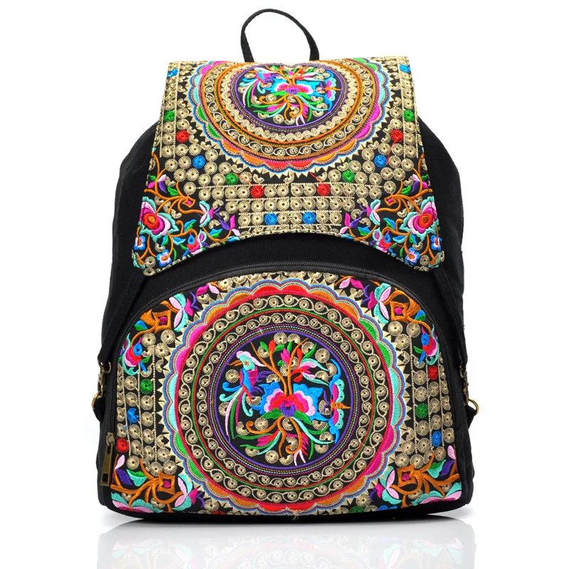 Handmade embroidery ethnic women canvas flap pocket backpack china with