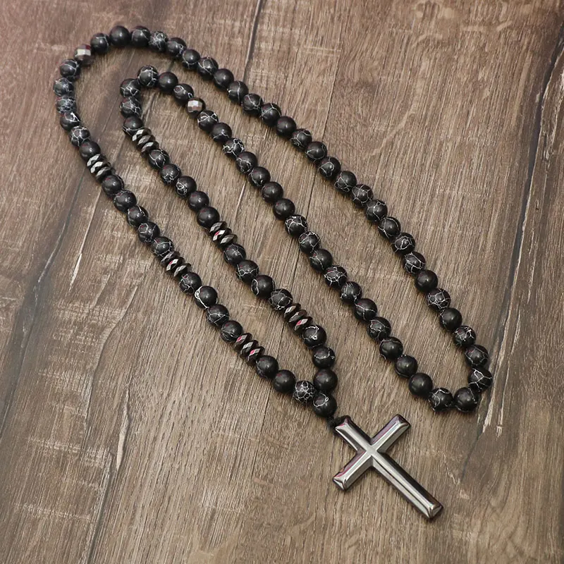 New Design Men Women Handmade Jewelry Black Turquoises Stone Beads Necklace Hematite Cross Pendant Necklaces | Украшения и