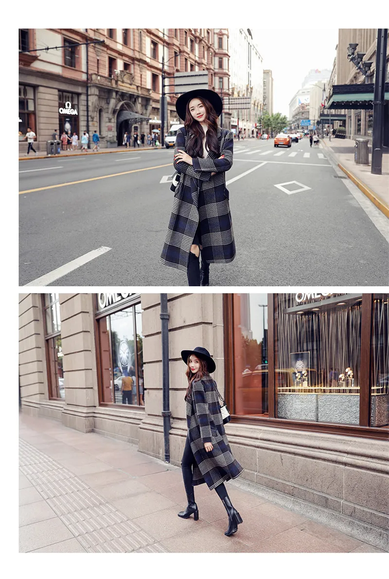 Новинка, повседневный Свободный Длинный плащ в клетку, женское корейское шерстяное пальто на весну и осень, X352