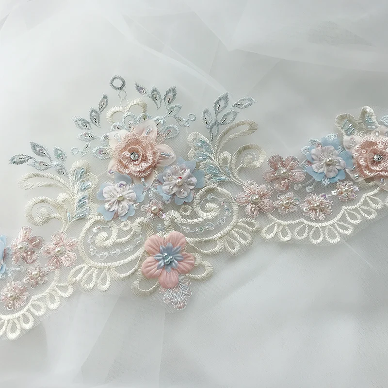 

1 Yard luxurious pink and blue multi-color embroidered lace trim sewing! 2019 Spring summer dress girls making lace border trim!