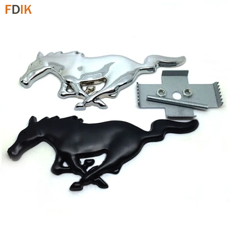 Metal Chrome / Matte Black Running Horse Front Grille Badge Emblem