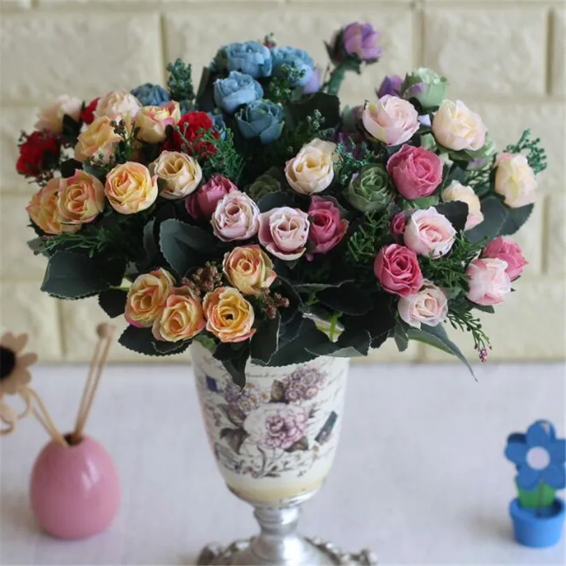 10 шт. искусственный букет роз цветок поддельные цветок аксессуары 12 головок для свадьбы дома декоративные искусственные цветы