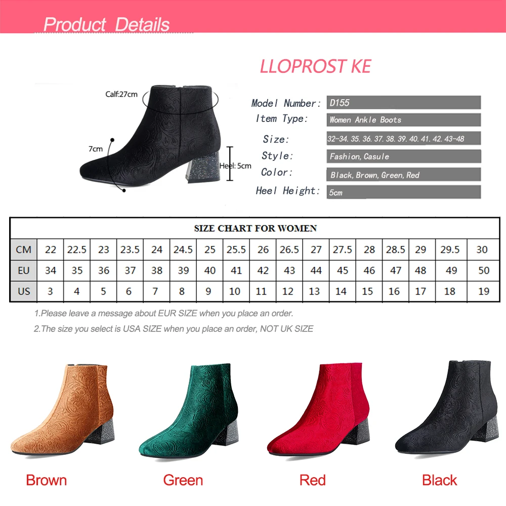Lloprost ke/новые женские ботинки; Цвет черный, красный, зеленый; сезон осень-зима; женские ботинки из флока на молнии; ботильоны на квадратном каблуке; большие размеры 32-48; D155